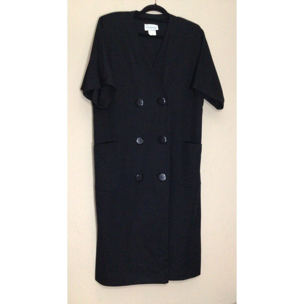 Vintage Leslie Fay Double Breasted V-Neck Short sleeve Dress 16 Black Pockets